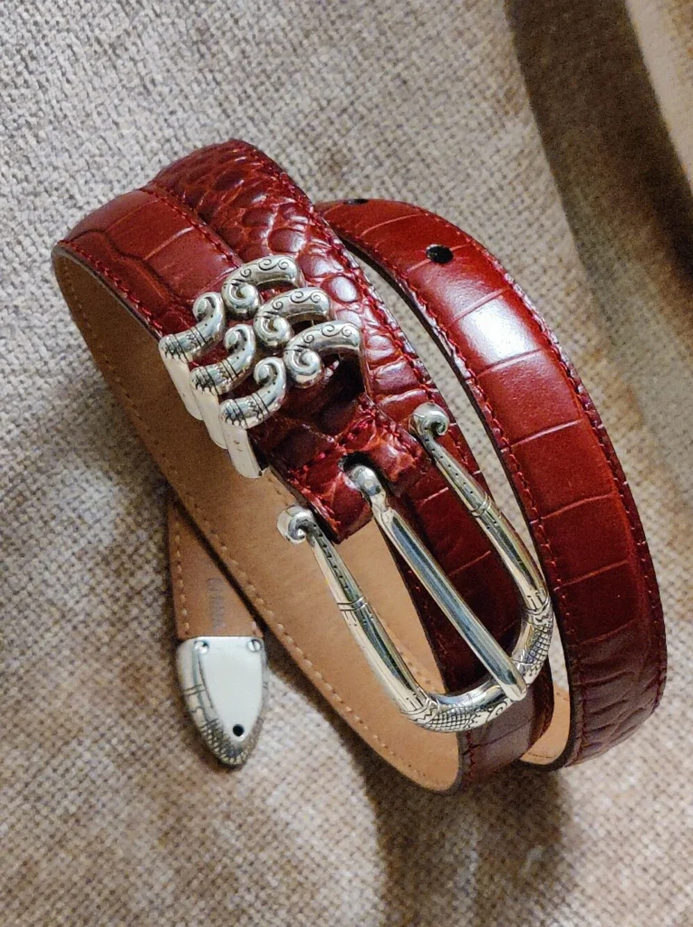 Brighton Dark Red Croc-Embossed Leather Belt with Silver Tone Buckle, Size M